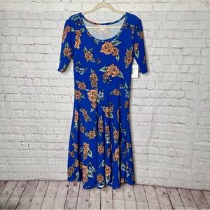 LuLaRoe Nicole Dress, Blue w/ Floral Print, Size: L